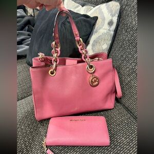 Michael Kors Pink Saffiano Satchel with Wallet and Gold-Tone Hardware